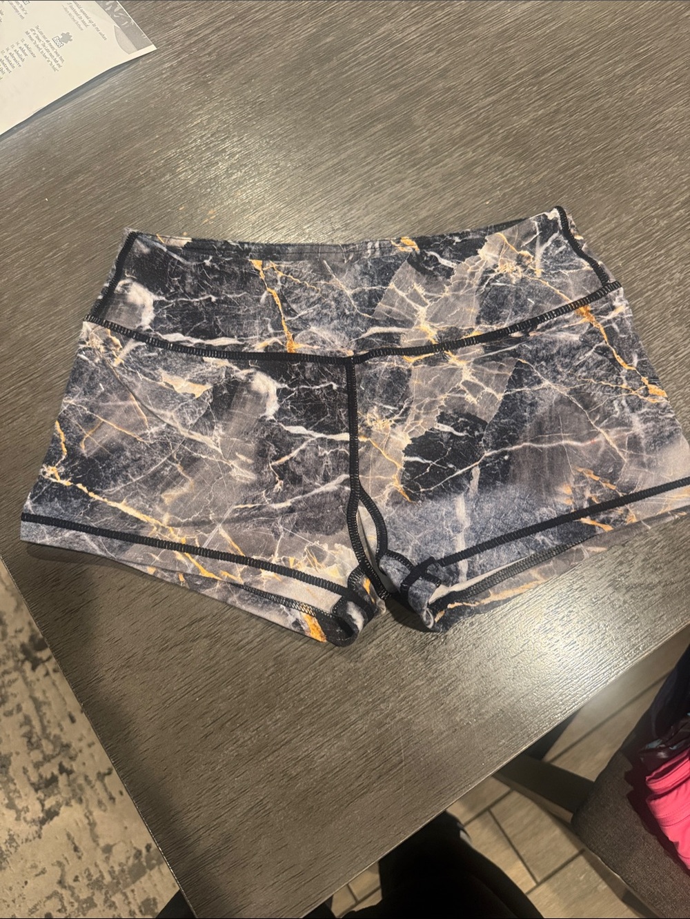 SAVAGE BARBELL Marble-Print Women's Active Shorts - Black/Gray with Gold Veining